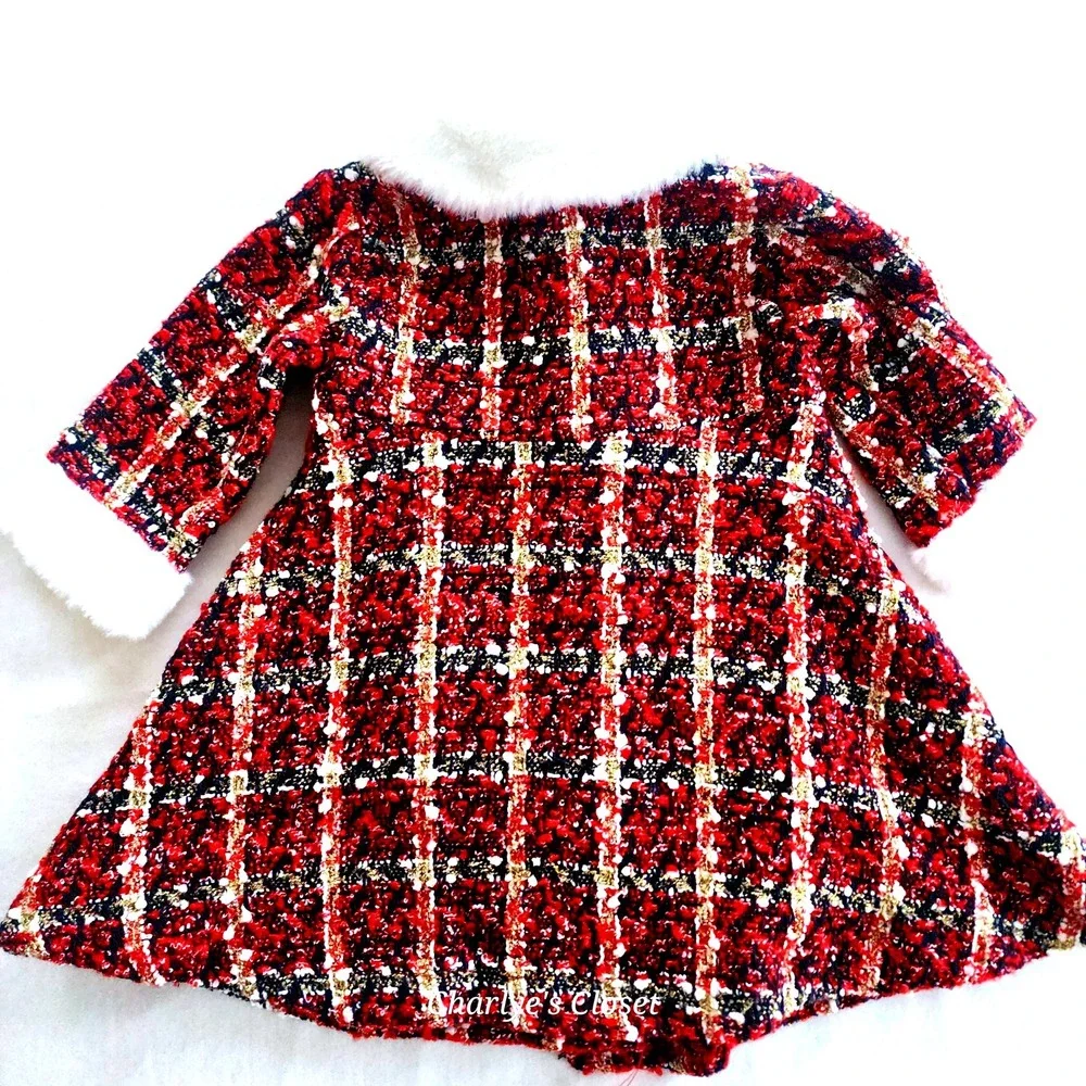 Blueberry Boulevard Baby Girls 18M Red Holiday Plaid Tweed Faux Fur Trimmed Coat
